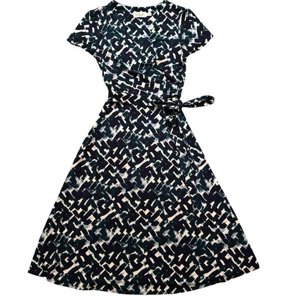 Eliza J Cap Sleeve Faux Wrap Belted Shirred Midi Dress Size 4 Green Blue White - Picture 1 of 10